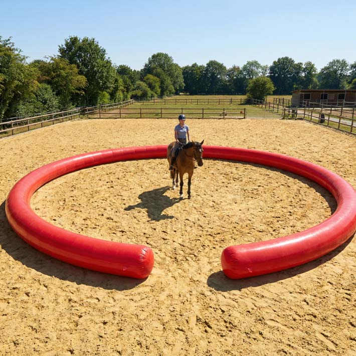 Eine Frau Reitet auf einem Pferd, eine rote aufblasbare Pferdemanege bildest die Barriere.