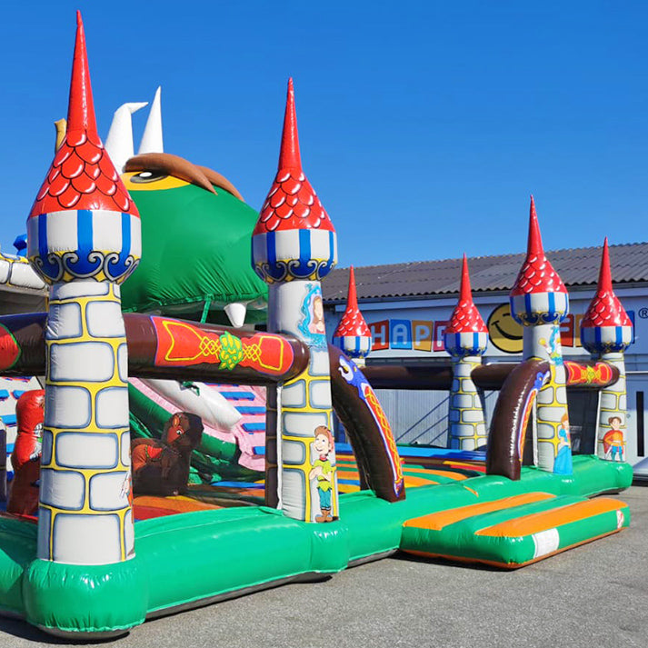 Eingang Hüpfburg Drachenwelt Snappy mit Maulrutsche, Ritterburg-Design und buntem Spielbereich – riesiger Drachen-Spaß für Kinder