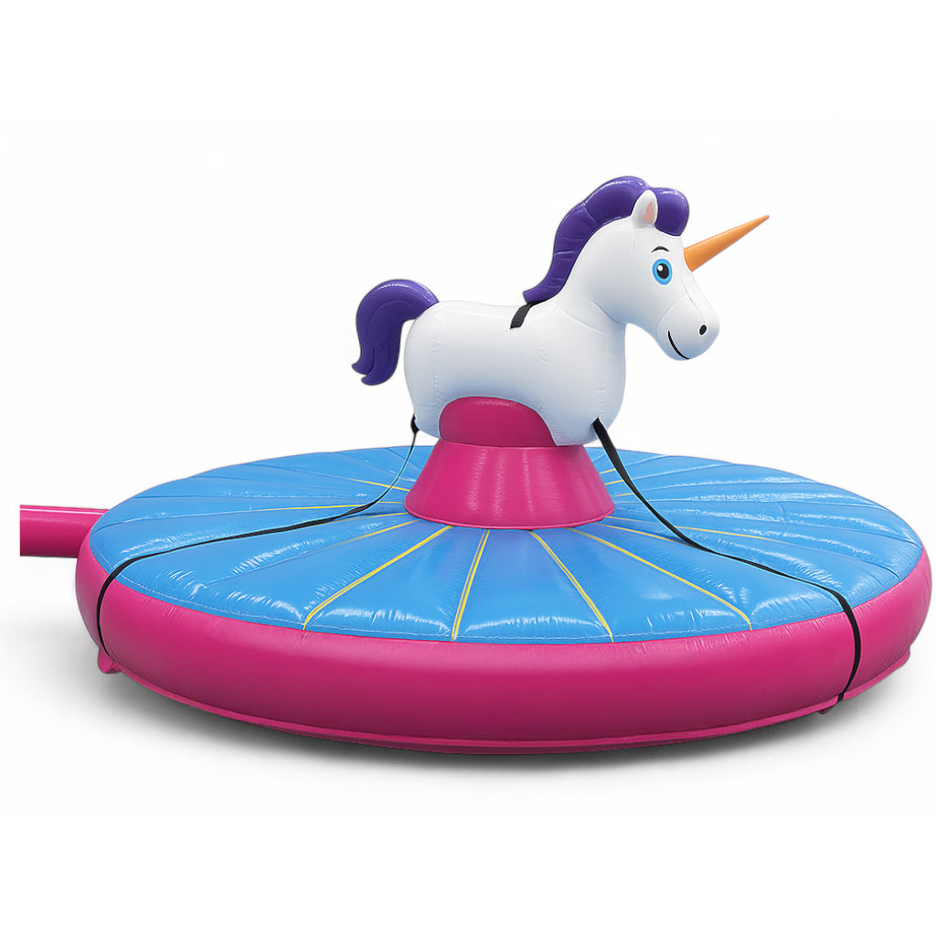 Aufblasbares Rodeo Einhorn in Pink und Blau aus hochwertigem PVC mit rundem Fallkissen