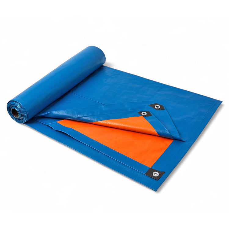 Unterlegplane aus robustem PE-Material in Blau-Orange, 6 × 8 m – idealer Bodenschutz für Hüpfburgen und aufblasbare Eventmodule